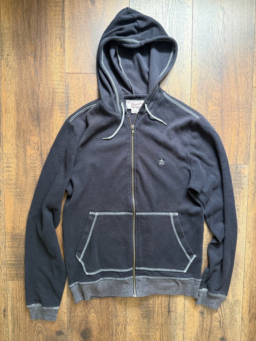 Original Penguin Munsingwear Men’s M Charcoal Thermal Zip Hoodie Contrast Stitch